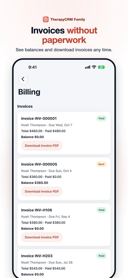 Billing screen with fictional invoices and PDF downloads