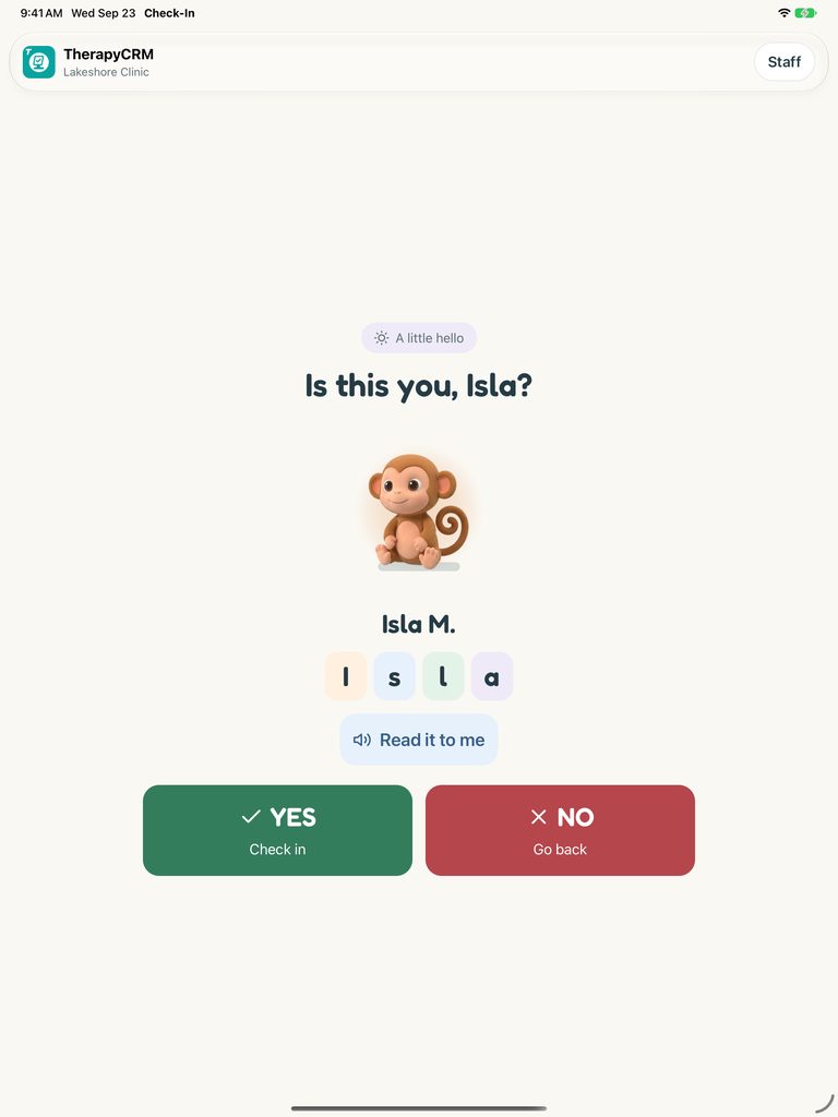 Check-in confirmation asking the fictional child Isla to tap Yes or No