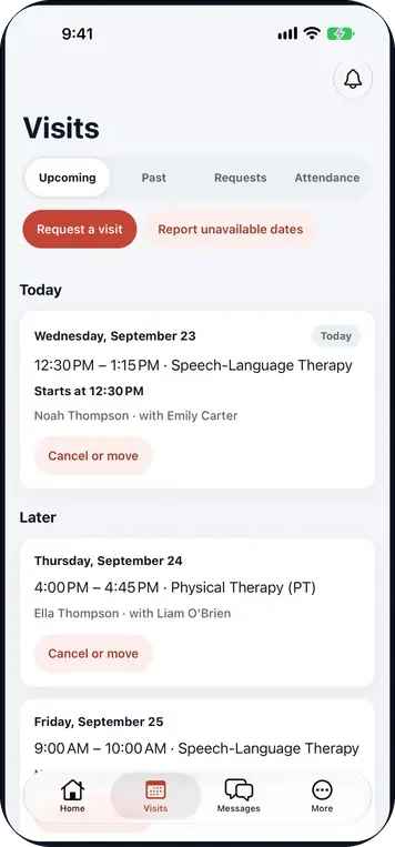 TherapyCRM Family app parent portal showing upcoming visits