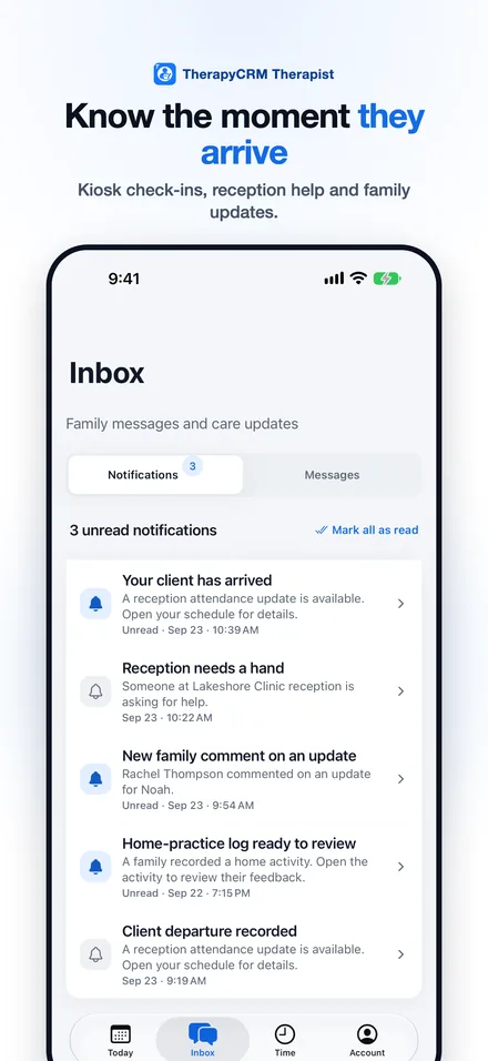 Inbox with arrival, reception help and family update notifications