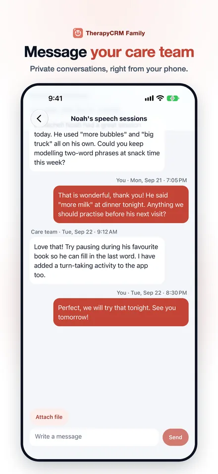 Secure message conversation between a parent and the care team