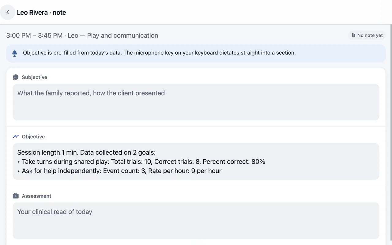 SOAP-style session note in TherapyCRM with the Objective section pre-filled from session data