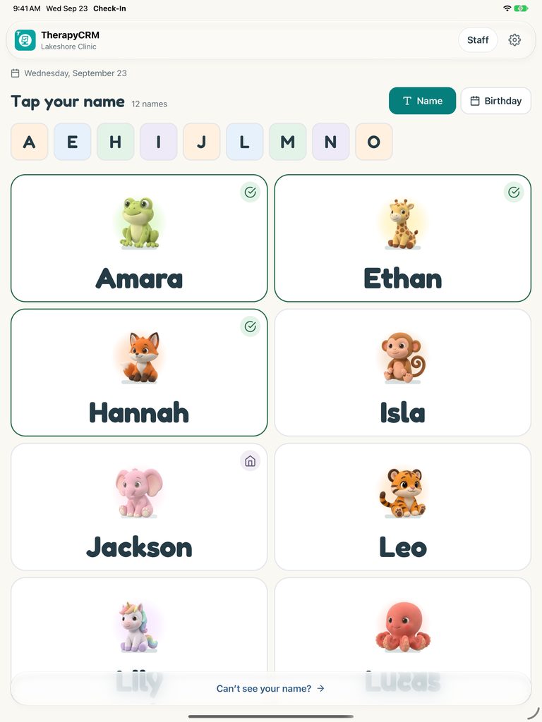 Check-In name picker with fictional children, letter filters and checked-in markers