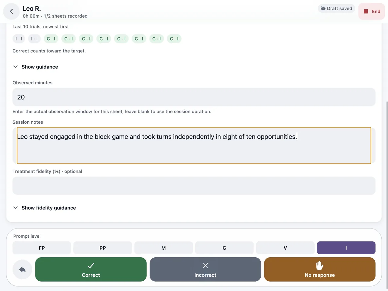 ABA data collection screen in TherapyCRM with Correct, Incorrect and No response buttons