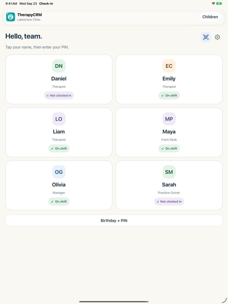 Staff sign-in with fictional team members and their shift status