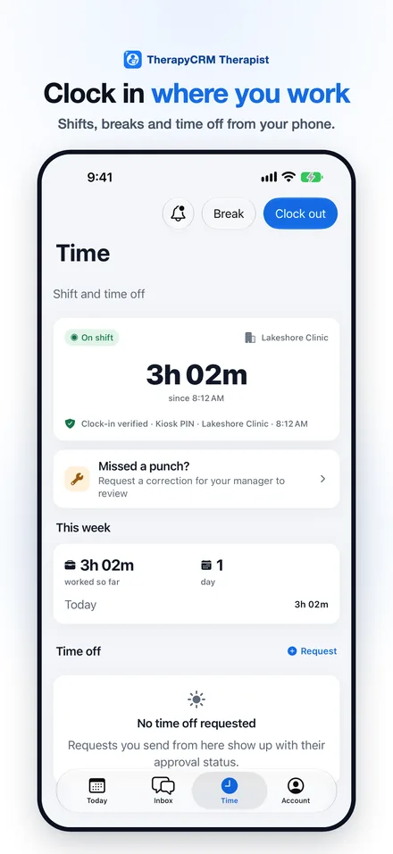 Time screen with a verified kiosk clock-in, breaks and time off
