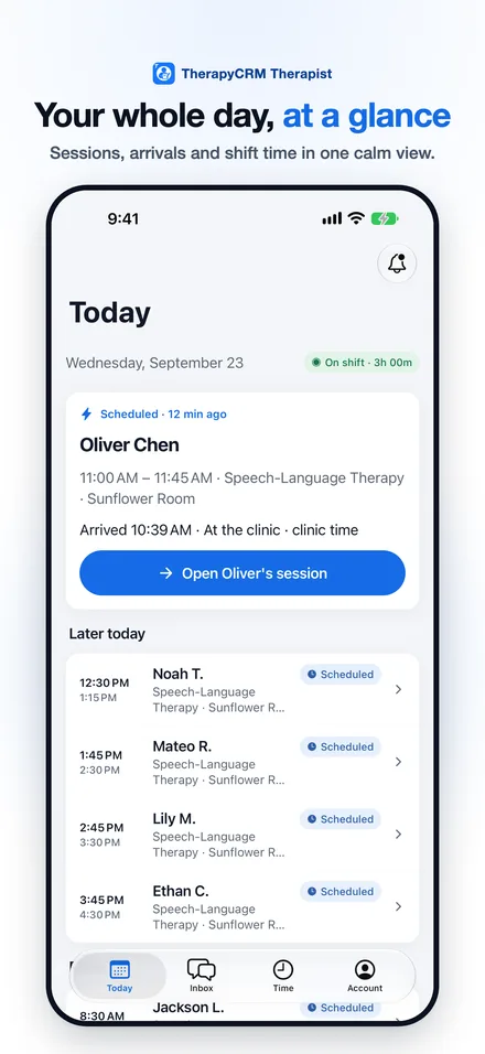 Therapist Today screen with a fictional clinician’s sessions, an arrival and shift time