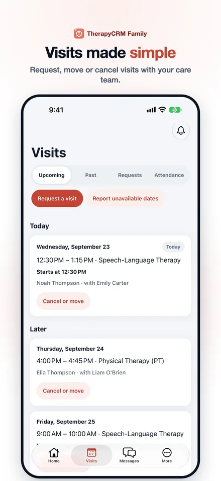 Visits screen with upcoming visits, visit requests and attendance