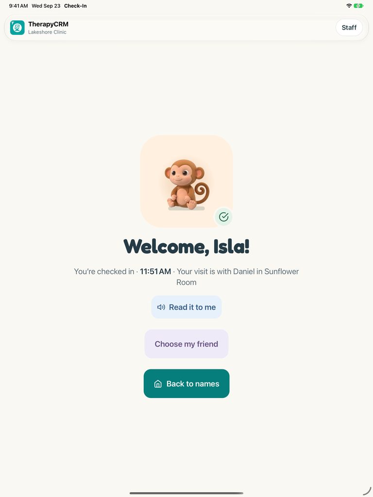 Welcome screen with the check-in time, therapist and room for a fictional visit