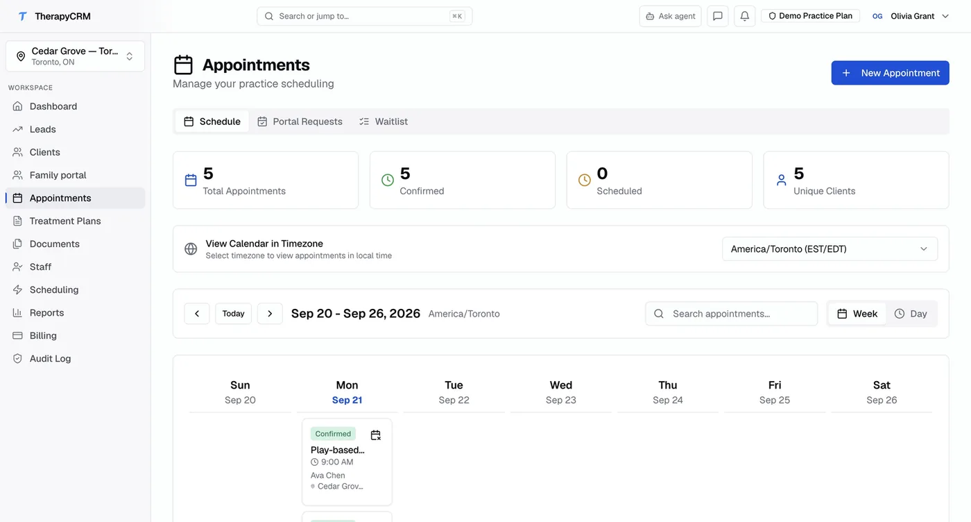 TherapyCRM demo appointments calendar with branch, time zone and week controls