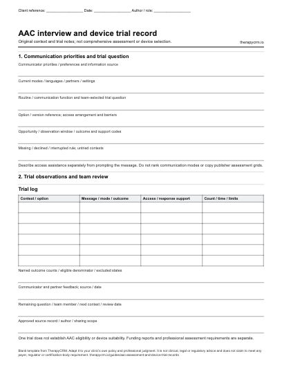 First page of the original blank AAC interview and trial record, with context fields and space for clinician-entered information.