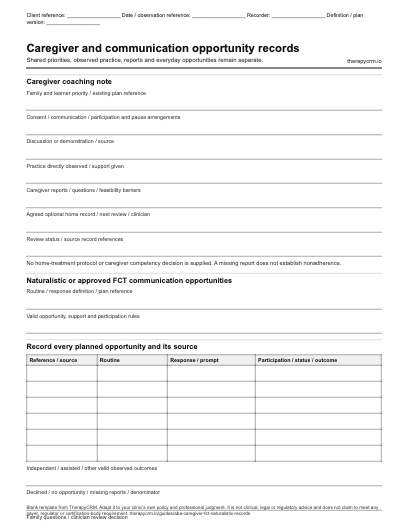 Blank original caregiver coaching note with priority, practice and review fields