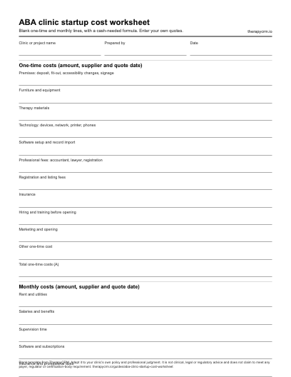 Blank ABA clinic startup cost worksheet with one-time cost lines, monthly cost lines and a cash needed formula using letters A to E, with no amounts printed