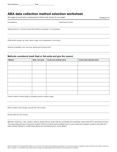 Blank worksheet with target definition, what should change, observer availability, methods considered, over- and under-estimation risks, chosen method and review date.