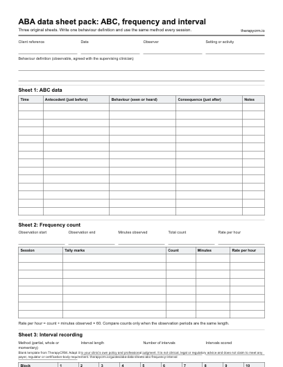 Blank ABA data sheet pack with an ABC data table, a frequency count table and an interval recording grid with ten numbered intervals