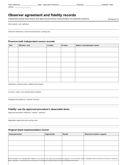 Blank original paired observer agreement record with method and coverage fields