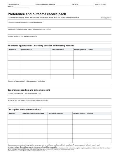Blank original preference log with offered options, choice and access-status fields