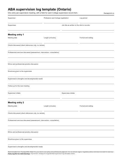 Blank ABA supervision log template with supervisor and supervisee fields and meeting entries for date, length, clients discussed, professional services discussed, ethics discussion, directives, strengths and developmental needs, and follow-up