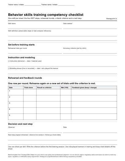 Blank behavior skills training competency sheet with trainer and trainee fields, skill definition, instruction, modeling, rehearsal rounds, feedback, criterion and next step.