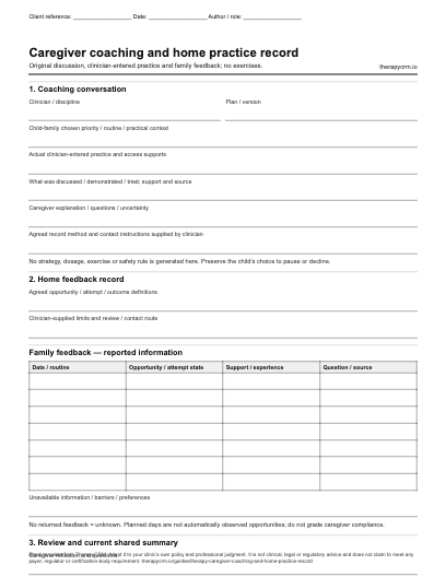 First page of the original blank caregiver coaching record, with context fields and space for clinician-entered information.