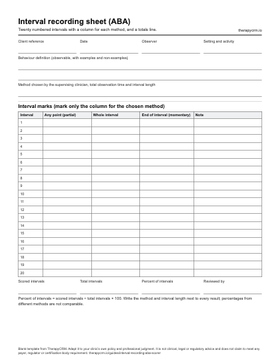 Blank interval recording sheet with session fields, a behaviour definition, twenty numbered intervals with columns for partial interval, whole interval and momentary time sampling, and totals