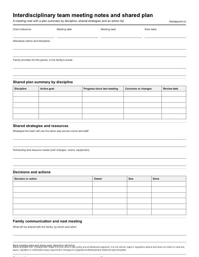 Blank interdisciplinary team meeting notes template with attendee fields, a plan summary table by discipline, shared strategies, a decisions and actions table and family communication fields