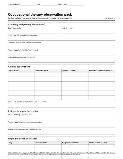 First page of the original blank OT observation pack, with context fields and space for clinician-entered information.