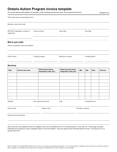 Blank Ontario Autism Program invoice template with clinic details, bill-to and child fields, a funding block, a service line table with clinician and supervisor columns, totals and payment details