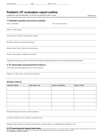 First page of the original blank OT evaluation report outline, with context fields and space for clinician-entered information.