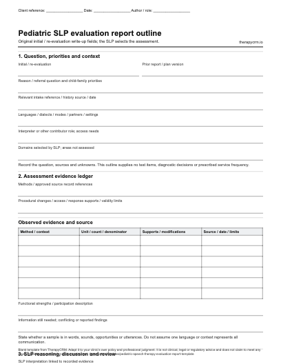 First page of the original blank SLP evaluation report outline, with context fields and space for clinician-entered information.