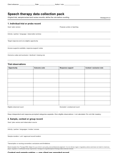First page of the original blank SLP data collection pack, with context fields and space for clinician-entered information.