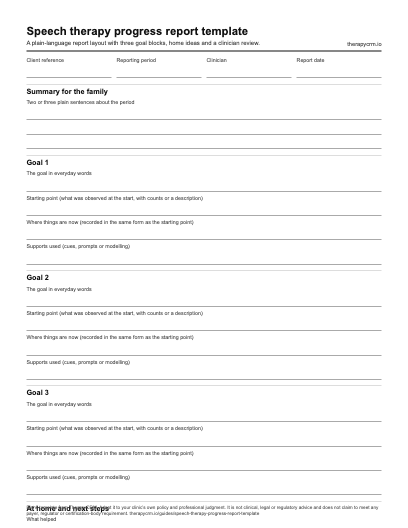 Blank speech therapy progress report template with client and period fields, a family summary, three goal blocks for starting point, current observation and supports used, home ideas, next steps and a review line