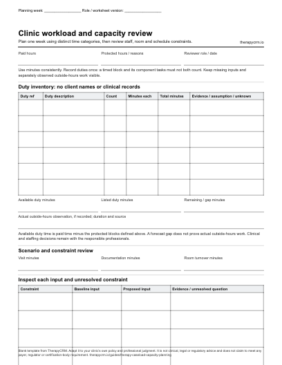 Blank two-page workload inventory and capacity scenario review with evidence, uncertainty and follow-up fields.