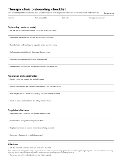 Blank therapy clinic employee onboarding checklist with new hire fields, lines for every role, front-desk, clinician, ABA team and billing roles, and a first week and 30-day review