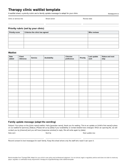 Blank therapy clinic waitlist template with a priority rubric table, a waitlist sheet with availability and priority columns, and a family update message
