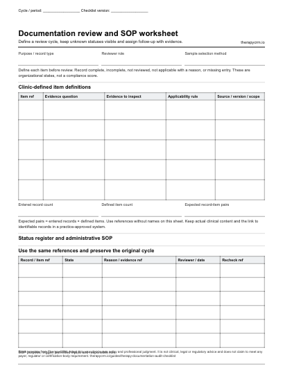 Blank two-page review-item definition sheet, status register and SOP handoff worksheet with version and recheck fields.