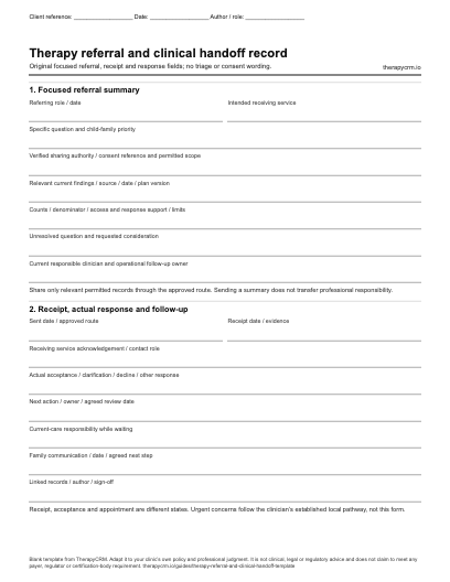 First page of the original blank clinical handoff record, with context fields and space for clinician-entered information.