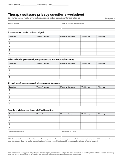 Blank two-page vendor privacy worksheet with question, vendor answer, where written down, verified by and follow-up columns.